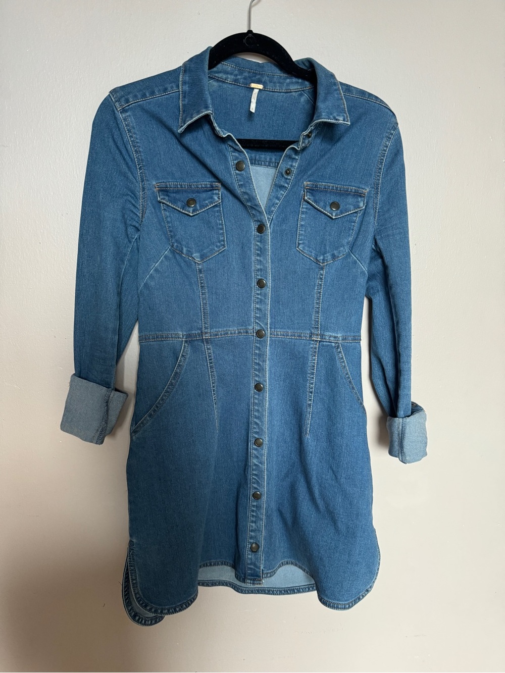 Free People Denim Button-Front Shirt Dress in Medium Blue